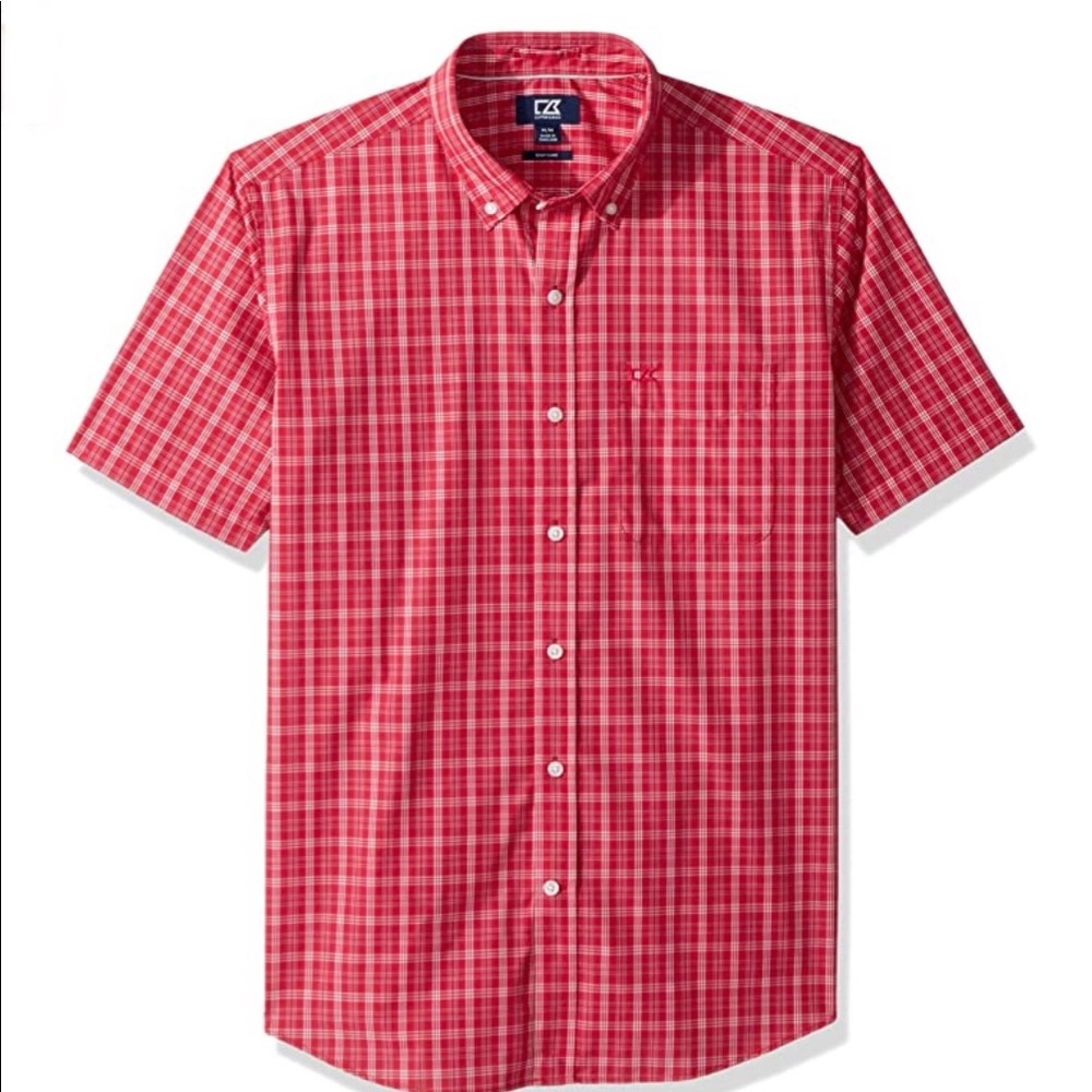 NWT Cutter & Buck Men’s Red&White Plaid ShortSleeve Button Down Shirt Size LARGE